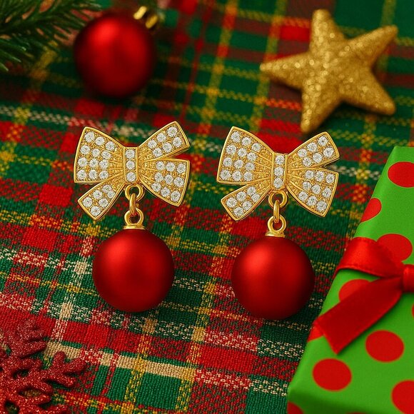 🆕️Holiday Red Ornament Bow Tie Earrings Sparkling Zircon Festive Jewelry Gift - Picture 8 of 15